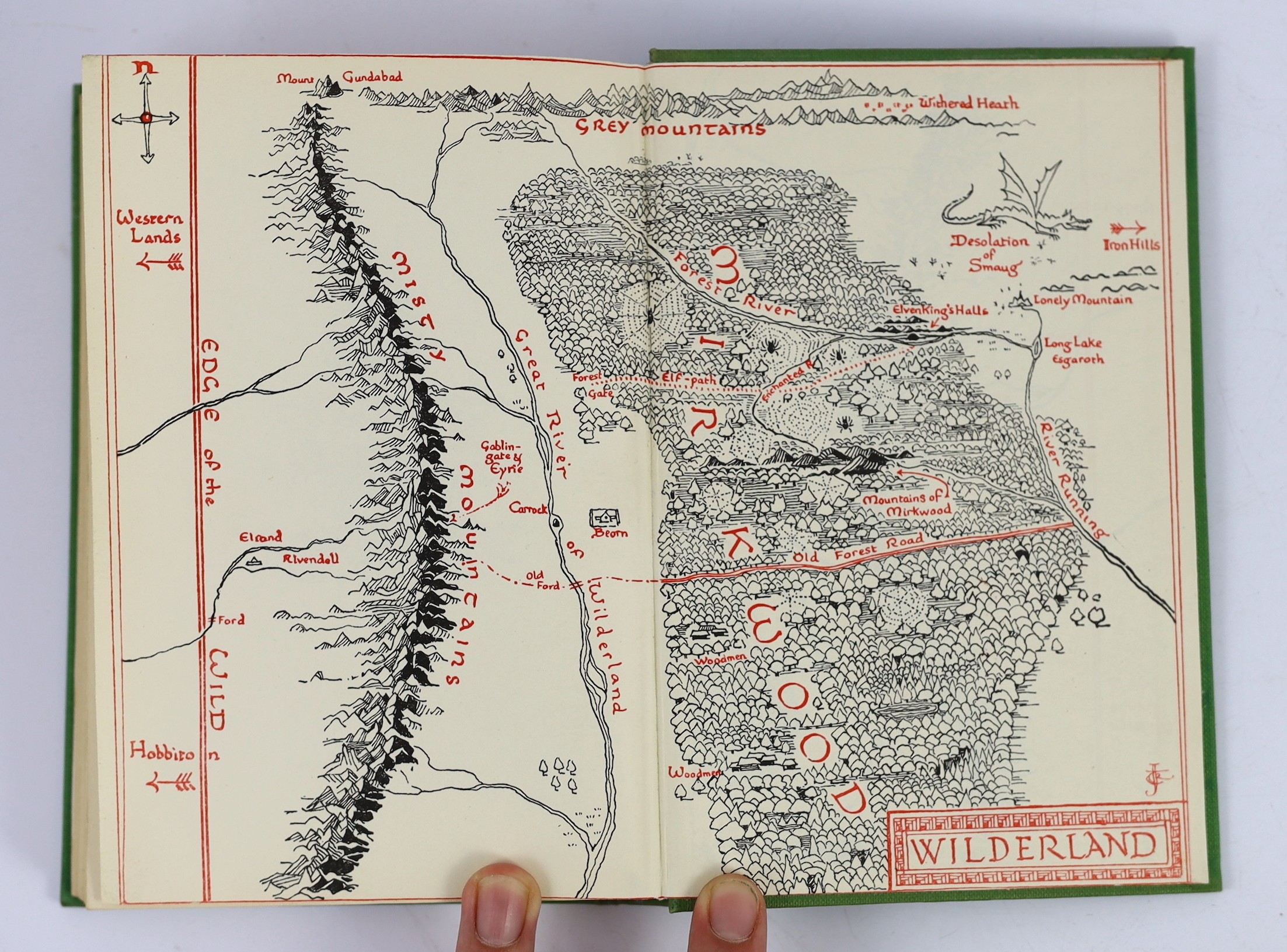 J.R.R. Tolkein - The Hobbit or There and Back Again, 2nd edition, 10th impression, (overall). coloured frontis. and 8 text illus. (7 full-page, by the author), 2 maps (in red and black) on e/ps.; publisher's pictorial cl